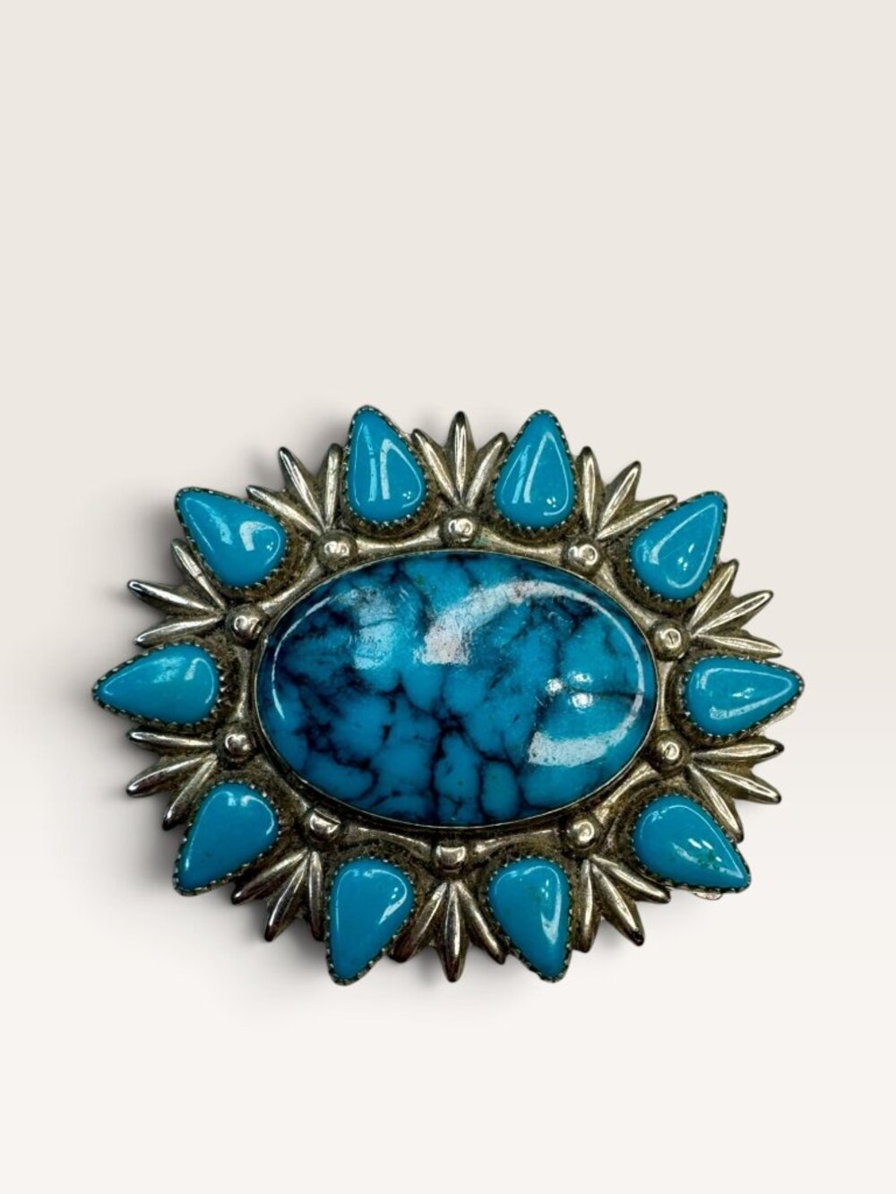 Bell Trading Post Vintage Southwestern Faux Turquoise Nickel Silver Brooch 1.77"